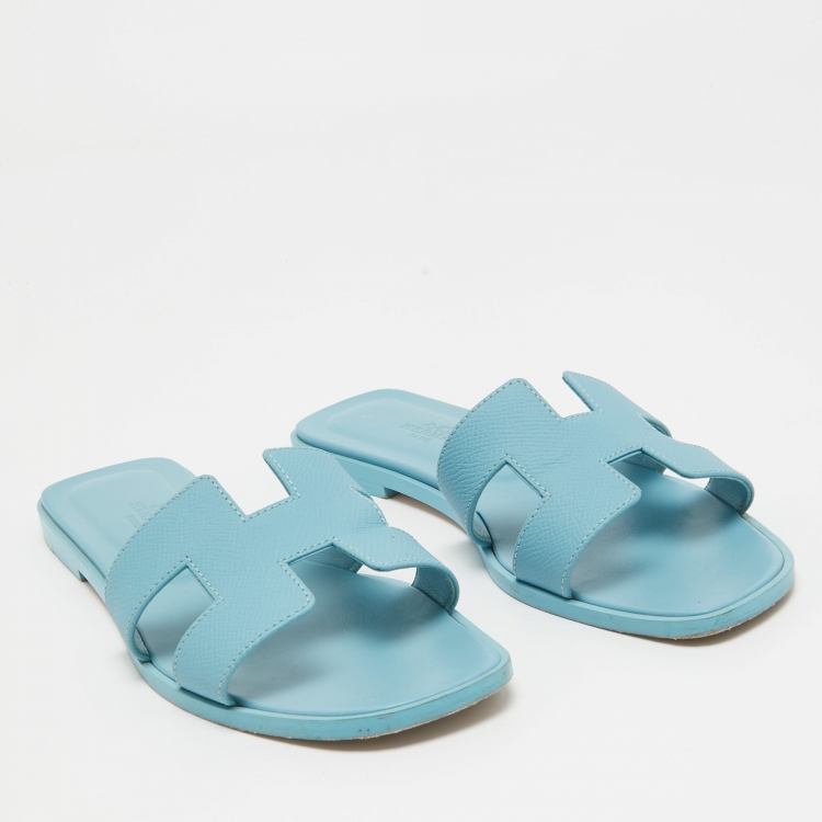 Pre Owned Hermes Blue Leather Oran Flat Slides Size 36.5  