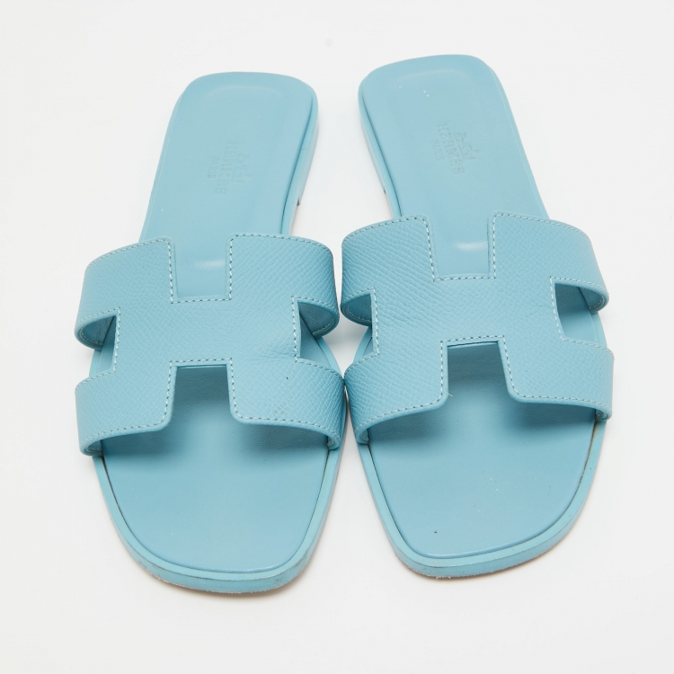 Pre Owned Hermes Blue Leather Oran Flat Slides Size 36.5  