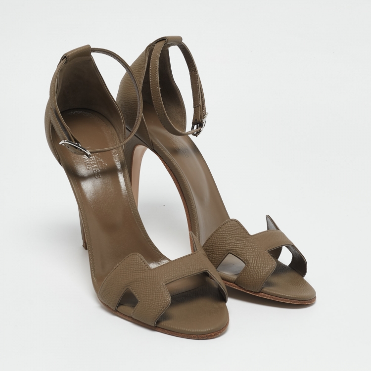 Pre Owned Hermes Green Leather Premiere 70 Ankle Strap Sandals Size 38.5
