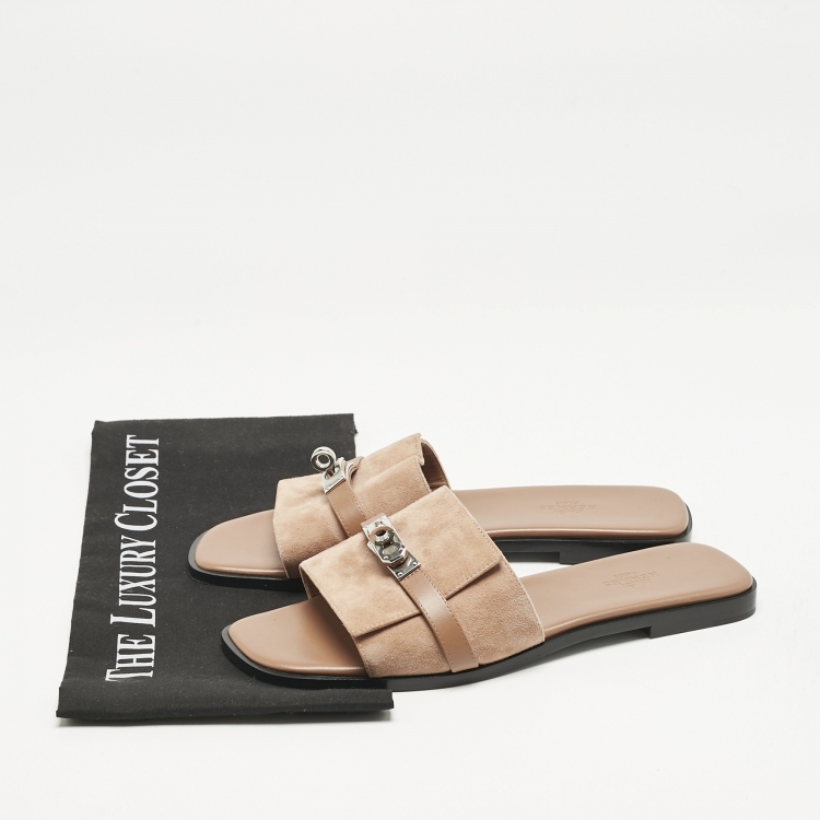 Pre Owned Hermes Light Brown Suede Giulia Flat Slides Size 39