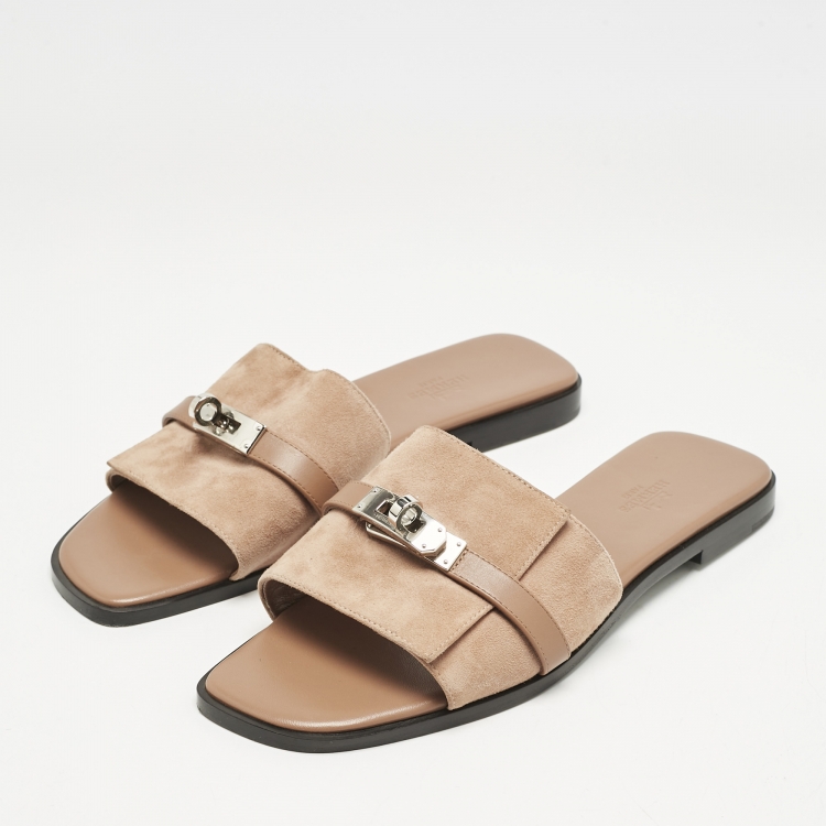 Pre Owned Hermes Light Brown Suede Giulia Flat Slides Size 39