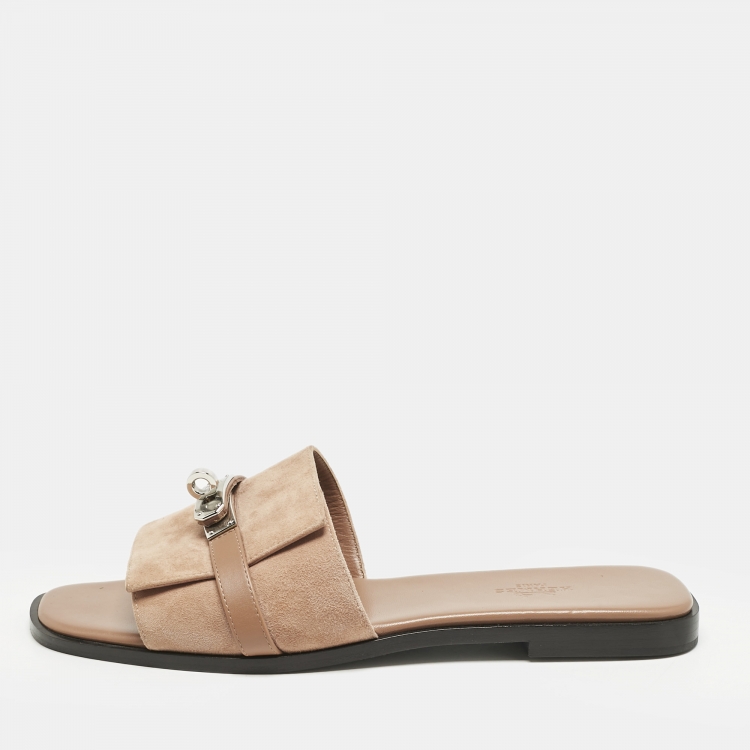 Pre Owned Hermes Light Brown Suede Giulia Flat Slides Size 39