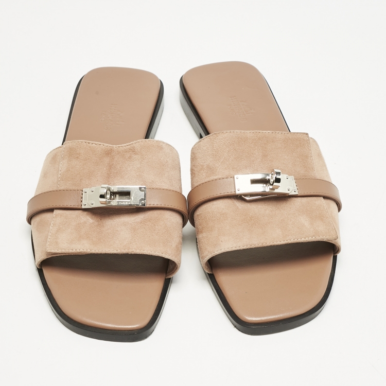 Pre Owned Hermes Light Brown Suede Giulia Flat Slides Size 39