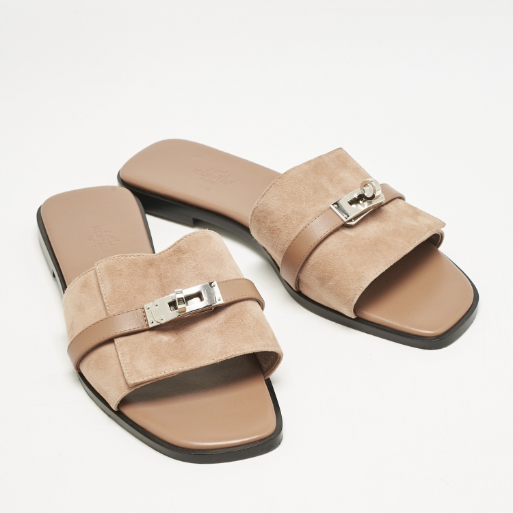 Pre Owned Hermes Light Brown Suede Giulia Flat Slides Size 39