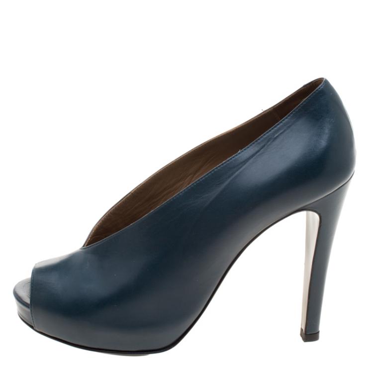 Pre Owned Hermes Blue Leather Peep Toe Platform Pumps Size 37.5