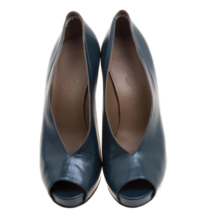 Pre Owned Hermes Blue Leather Peep Toe Platform Pumps Size 37.5