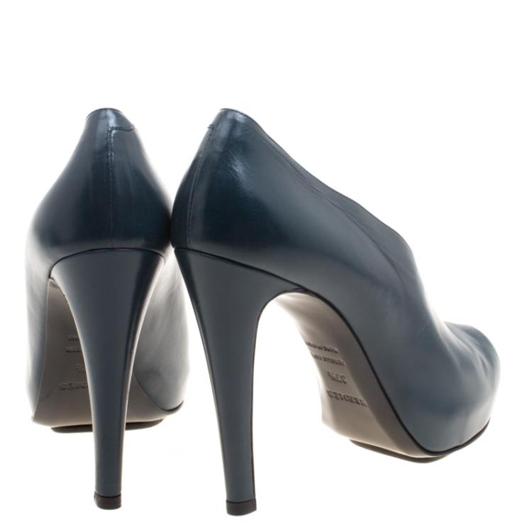 Pre Owned Hermes Blue Leather Peep Toe Platform Pumps Size 37.5