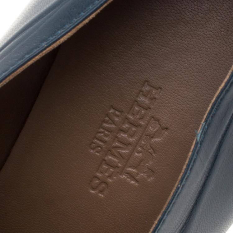 Pre Owned Hermes Blue Leather Peep Toe Platform Pumps Size 37.5