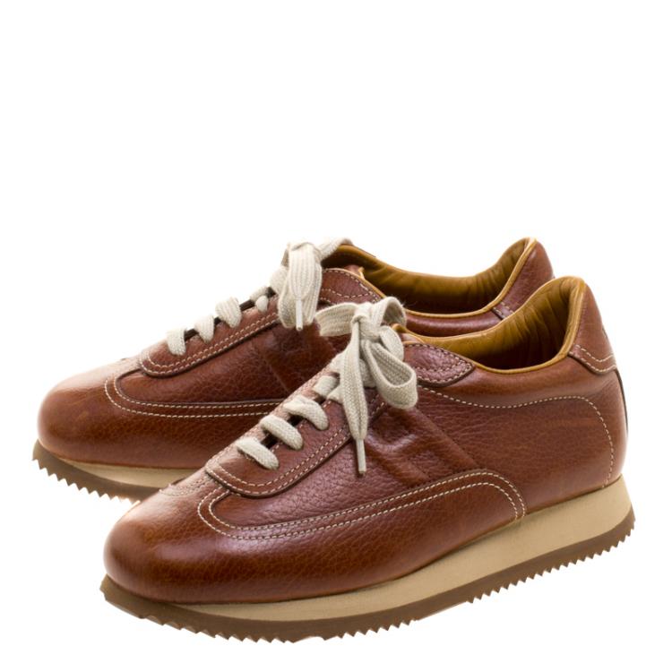Pre Owned Hermes Brown Leather Quick Lace Up Sneakers Size 36