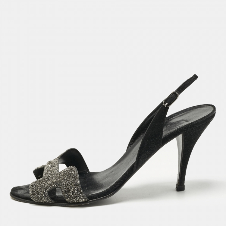 Pre Owned Hermes Black Glitter and Suede Night Slingback Sandals Size 40