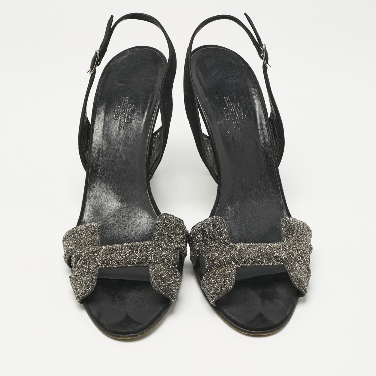 Pre Owned Hermes Black Glitter and Suede Night Slingback Sandals Size 40