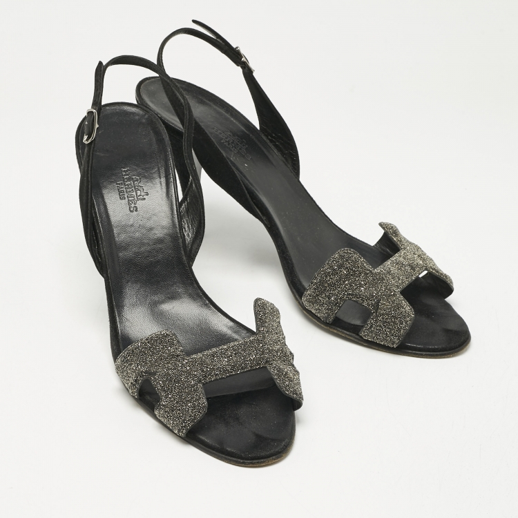 Pre Owned Hermes Black Glitter and Suede Night Slingback Sandals Size 40