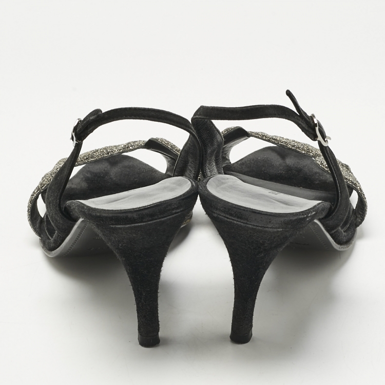 Pre Owned Hermes Black Glitter and Suede Night Slingback Sandals Size 40