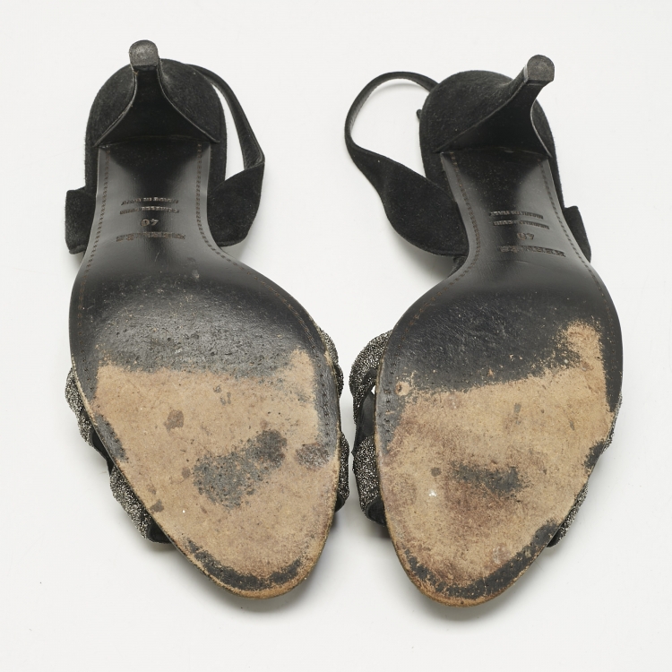 Pre Owned Hermes Black Glitter and Suede Night Slingback Sandals Size 40
