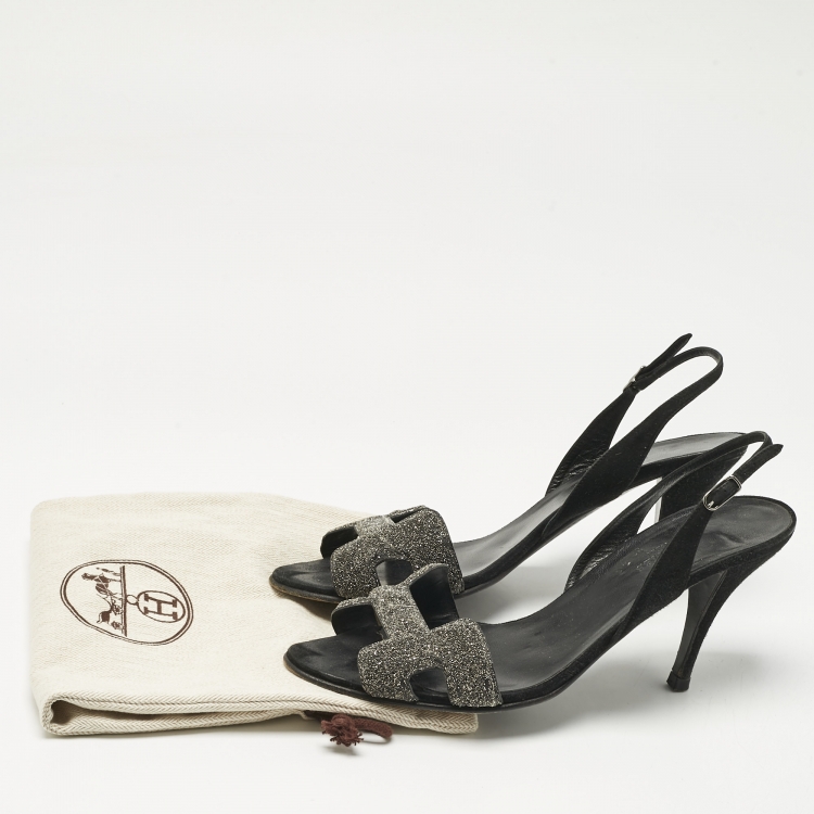 Pre Owned Hermes Black Glitter and Suede Night Slingback Sandals Size 40