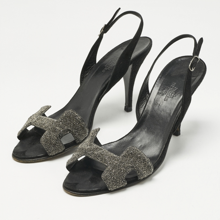 Pre Owned Hermes Black Glitter and Suede Night Slingback Sandals Size 40