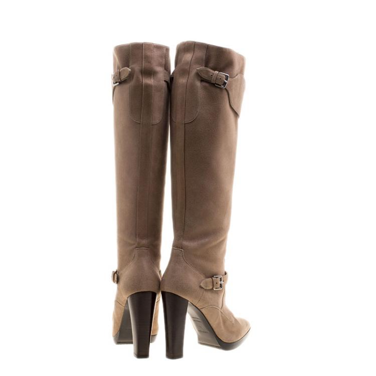 Pre Owned Hermes Beige Suede Knee High Boots Size 38