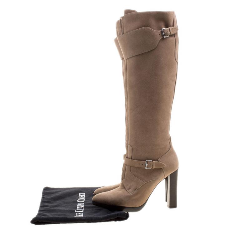 Pre Owned Hermes Beige Suede Knee High Boots Size 38