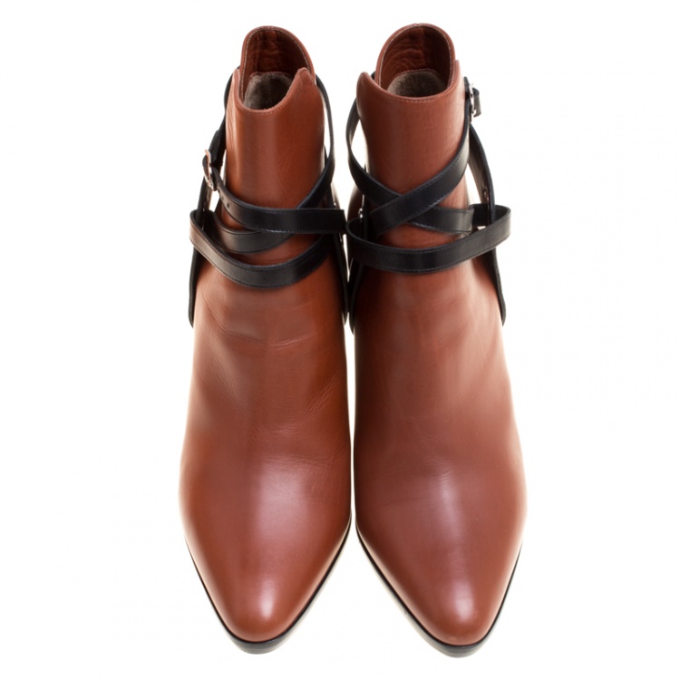 Pre Owned Hermes Brown/Black Leather Cross Strap Pointed Toe Ankle Boots Size 37.5