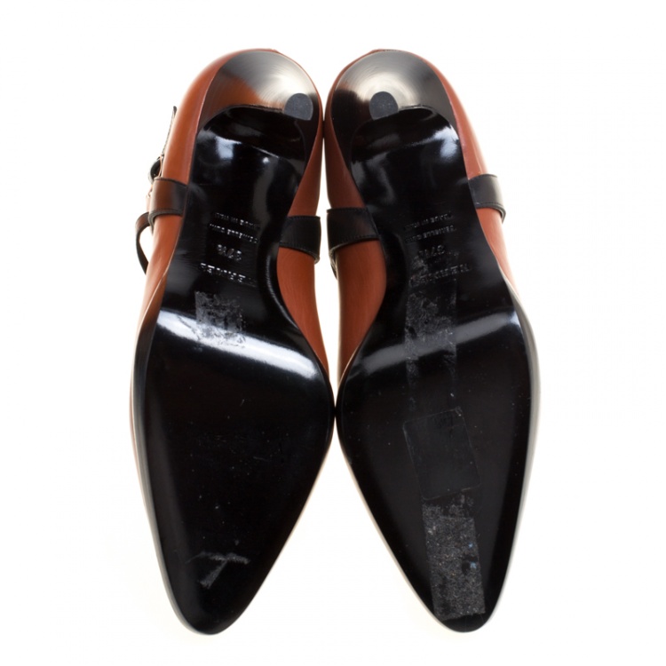 Pre Owned Hermes Brown/Black Leather Cross Strap Pointed Toe Ankle Boots Size 37.5