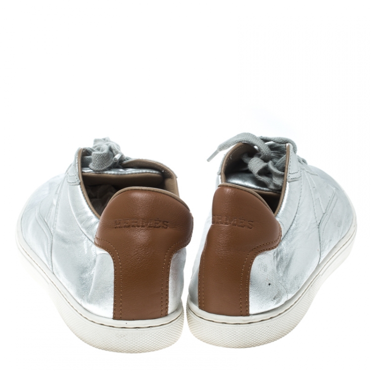 Pre Owned Hermes Metallic Silver Leather Quicker Sneakers Size 40