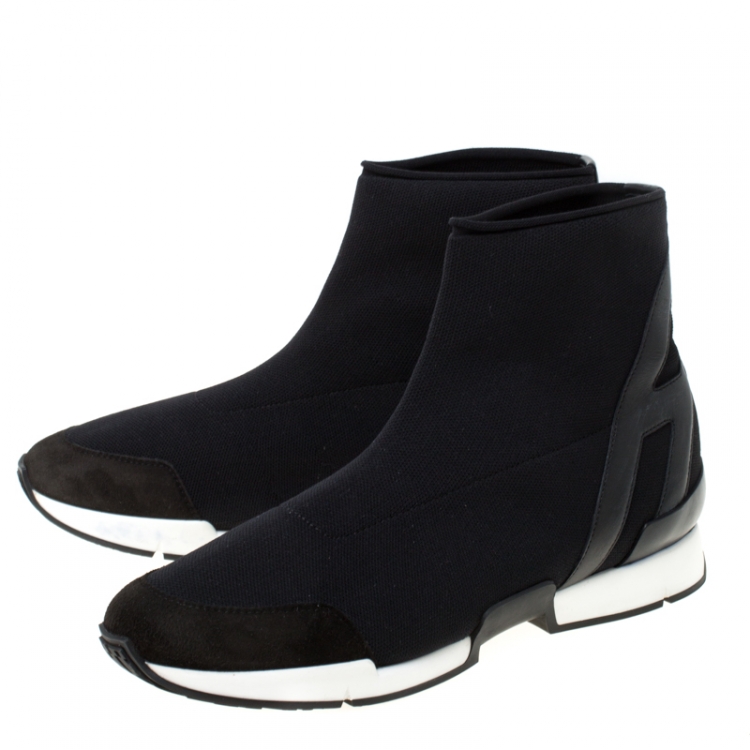Pre Owned Hermes Black Mesh And Leather Soft High Top Sneakers Size 38