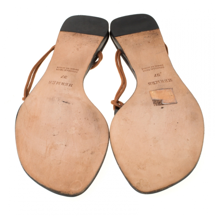 Pre Owned Hermes Black/Brown Medallion Cord Thong Slides Size 37