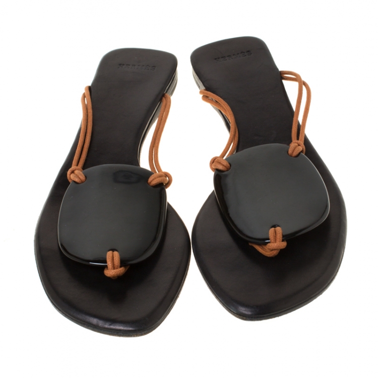 Pre Owned Hermes Black/Brown Medallion Cord Thong Slides Size 37