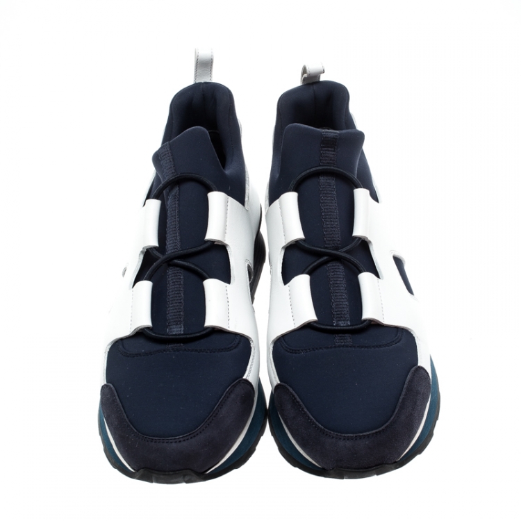 Pre Owned Hermes Navy Blue/White Fabric and Leather Player Sneakers Size 38