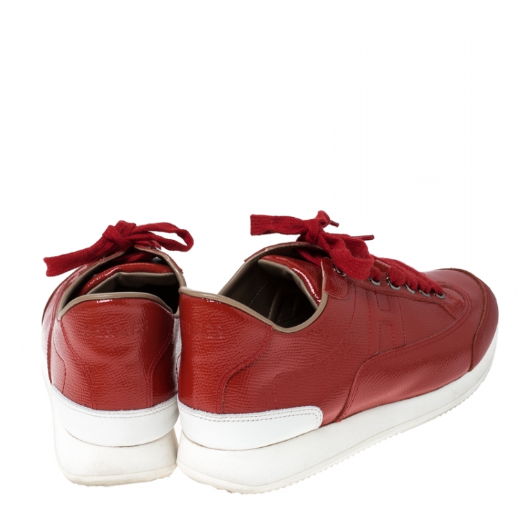 Pre Owned Hermes Red Patent Leather Low Top Sneakers Size 37.5