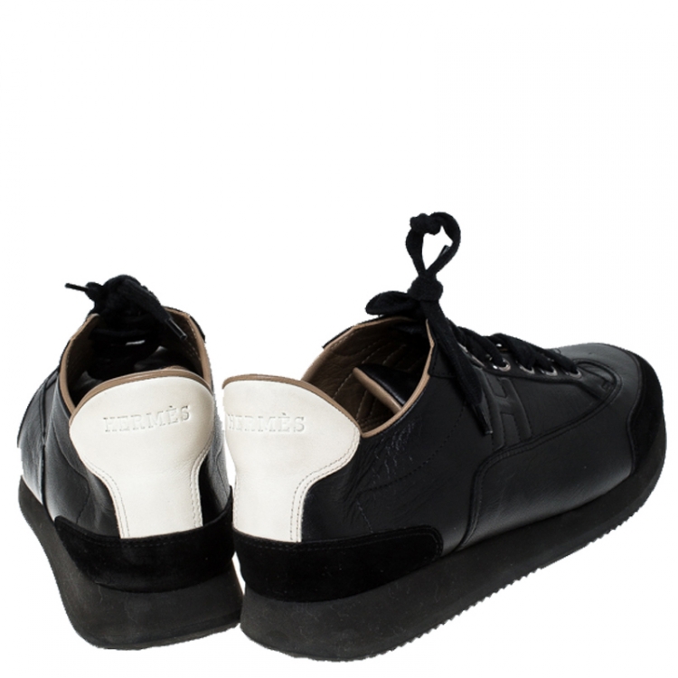 Pre Owned Hermes Black Leather And Suede Trail Sneakers Size 38.5