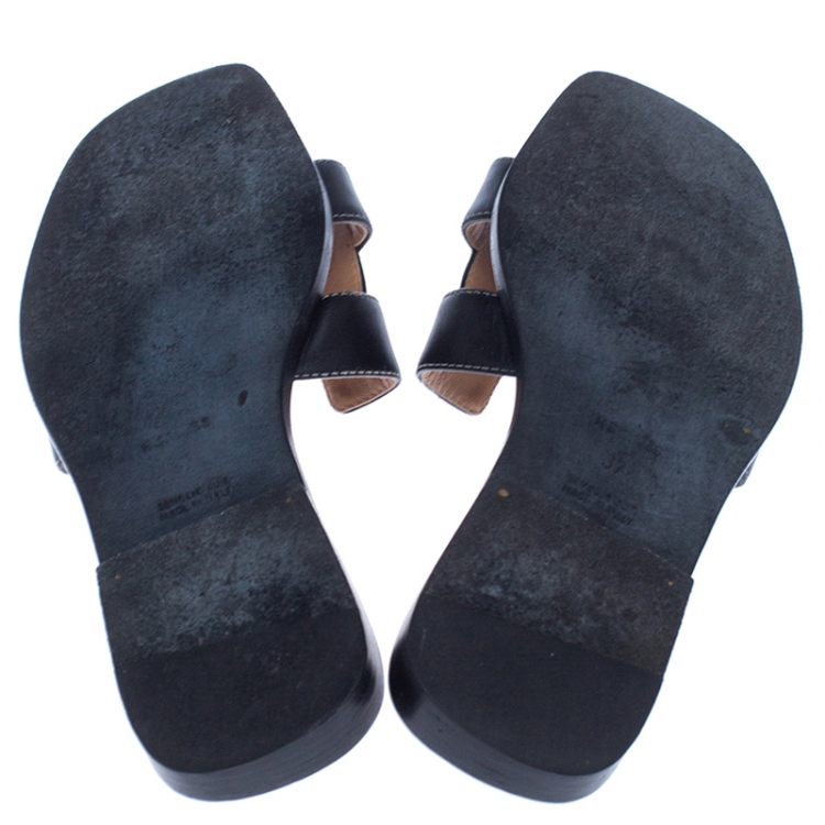 مملوكة مسبقًا Hermes Black Leather Oran Flat Slides Size 37