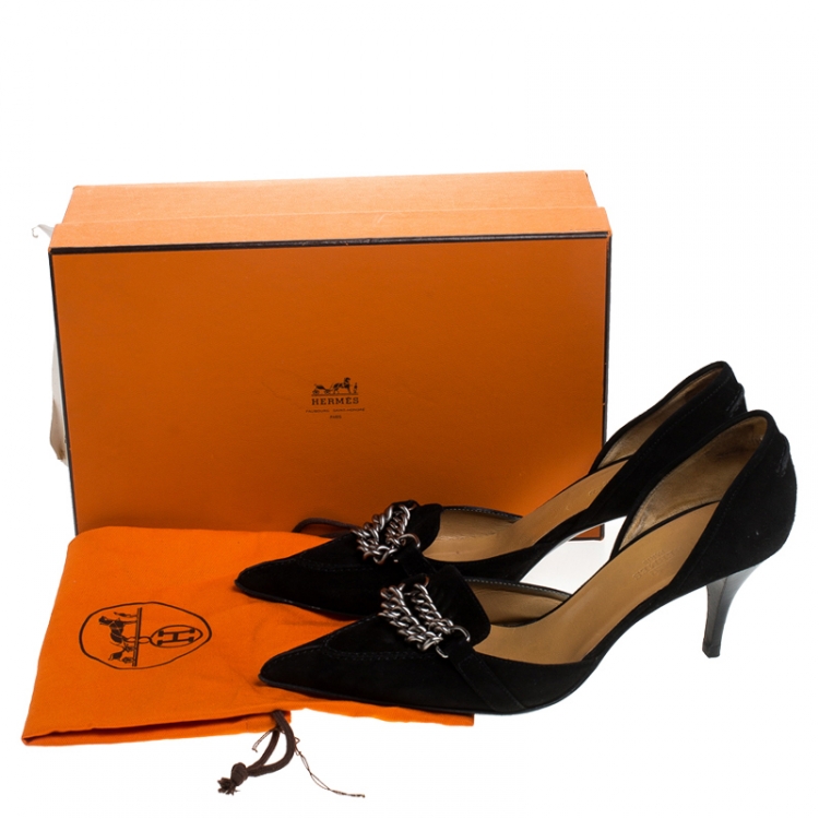 Pre Owned Hermes Black Suede Metal Chain Detail D'orsay Pumps Size 38.5