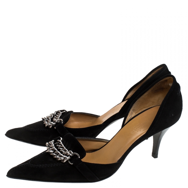 Pre Owned Hermes Black Suede Metal Chain Detail D'orsay Pumps Size 38.5