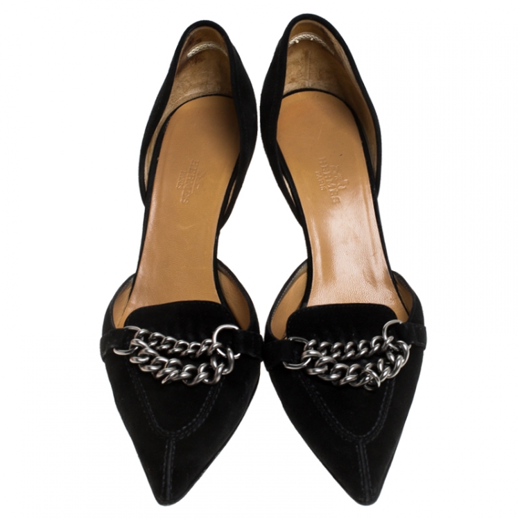 Pre Owned Hermes Black Suede Metal Chain Detail D'orsay Pumps Size 38.5