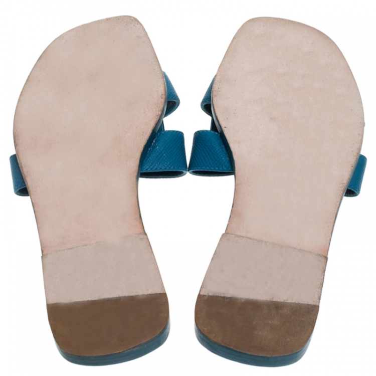 Pre Owned Hermes Blue Leather Oran Flat Slides Size 37.5
