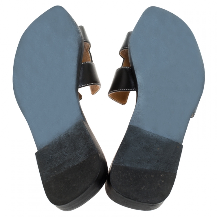 Pre Owned Hermes Black Leather Oran Flat Slides Size 39