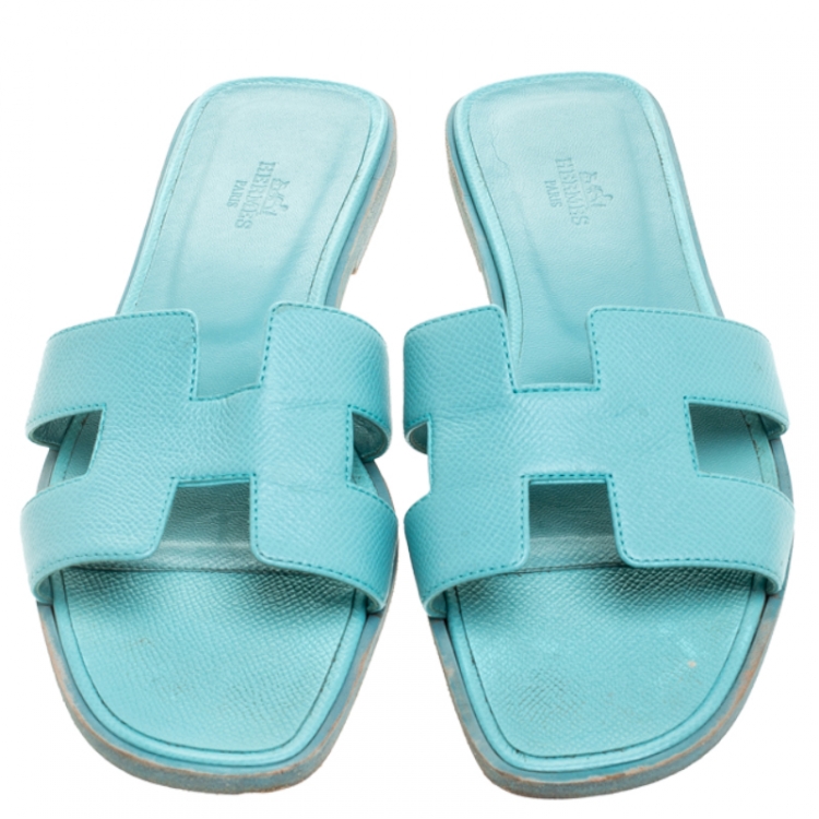 Pre Owned Hermes Blue Leather Oran Flat Slides Size 39