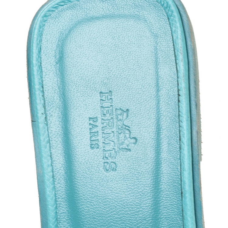 Pre Owned Hermes Blue Leather Oran Flat Slides Size 39