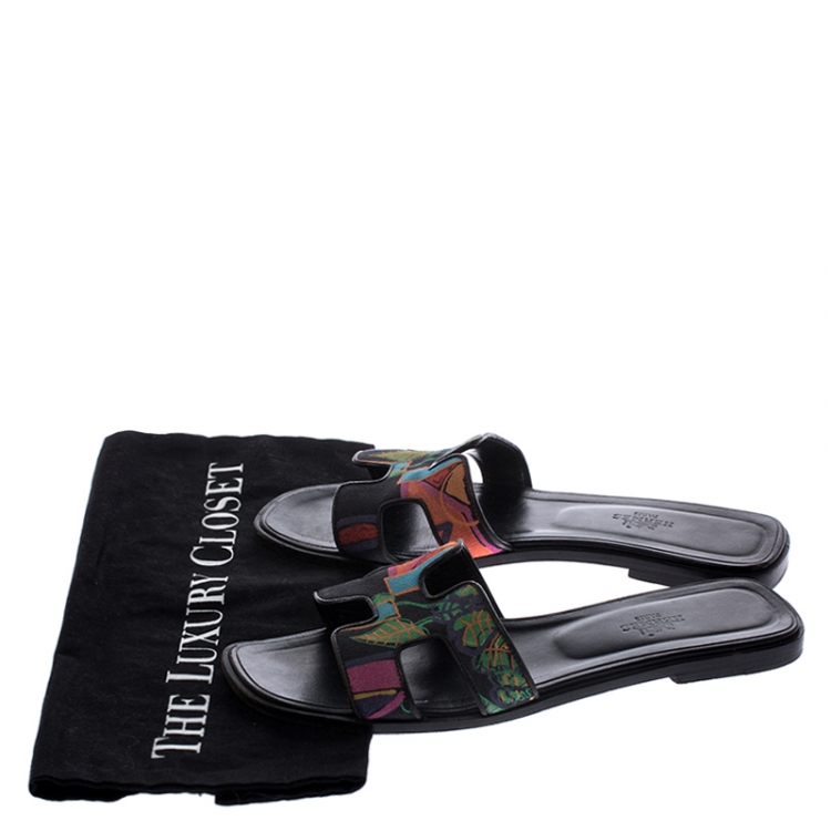 Pre Owned Hermes Multicolor Modernisme Tropical Print Canvas Oran Flat Slides Size 39