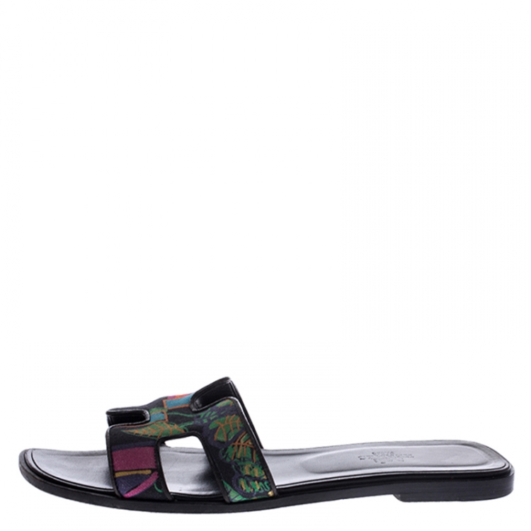 Pre Owned Hermes Multicolor Modernisme Tropical Print Canvas Oran Flat Slides Size 39
