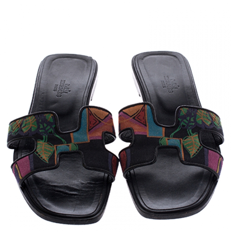 Pre Owned Hermes Multicolor Modernisme Tropical Print Canvas Oran Flat Slides Size 39