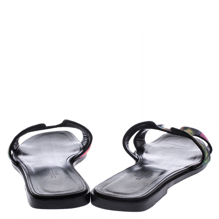 Pre Owned Hermes Multicolor Modernisme Tropical Print Canvas Oran Flat Slides Size 39