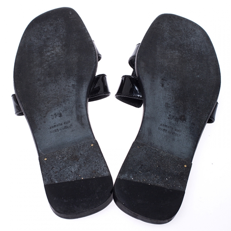 Pre Owned Hermes Black Patent Leather Oran Flat Slides Size 37.5