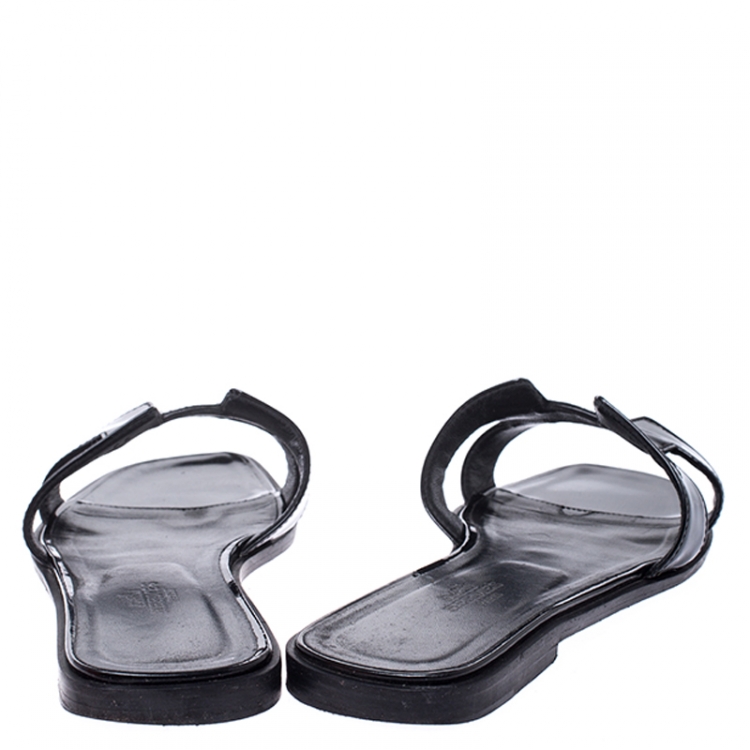 Pre Owned Hermes Black Patent Leather Oran Flat Slides Size 37.5