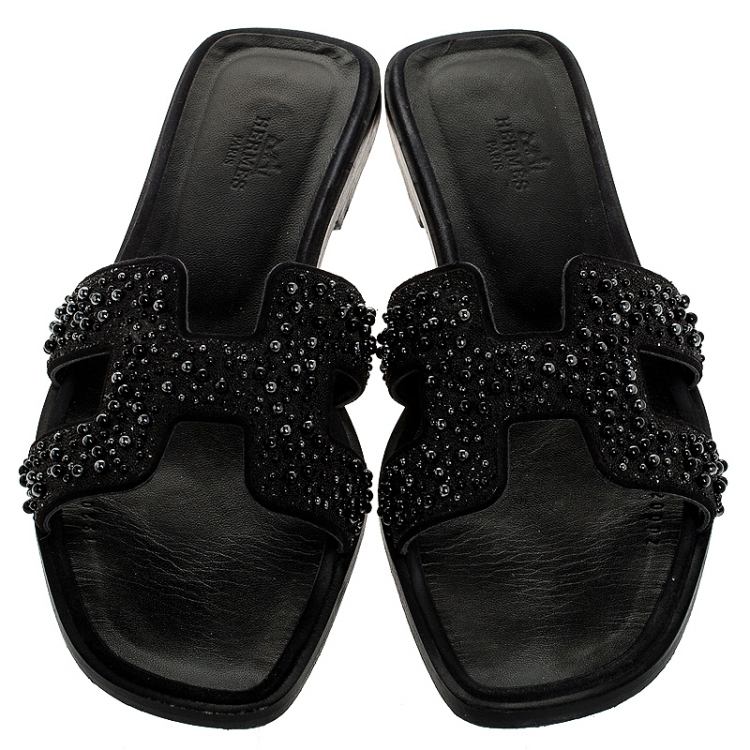 Pre Owned Hermes Black Crystal Embellished Oran Flat Slides Size 38