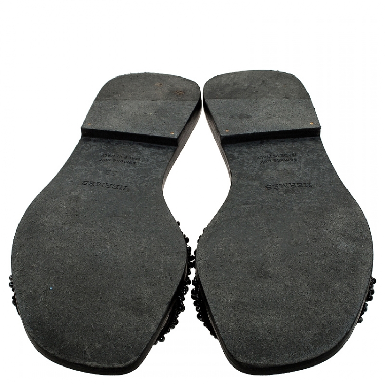 Pre Owned Hermes Black Crystal Embellished Oran Flat Slides Size 38