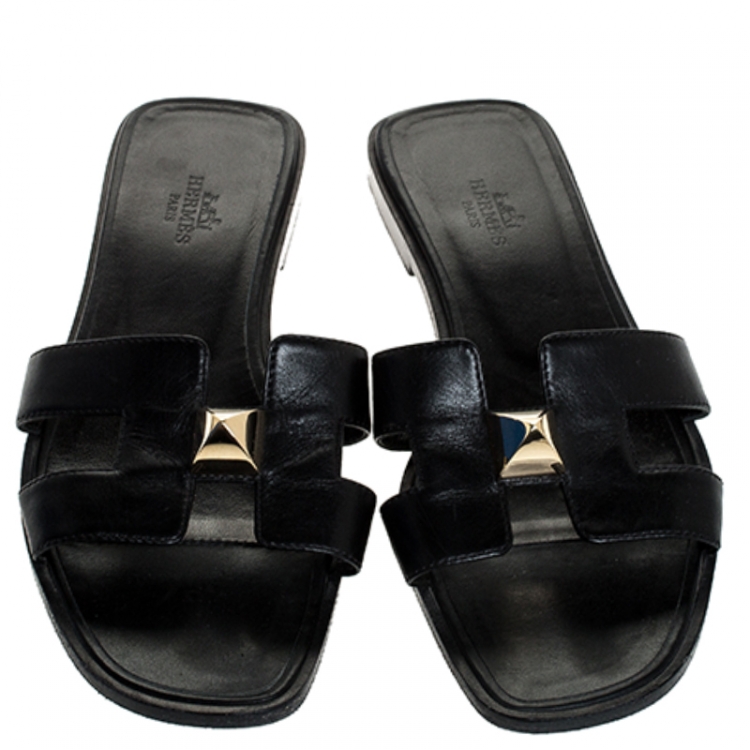 Pre Owned Hermes Black Leather Medor Pyramid Oran Flat Slides Size 36.5