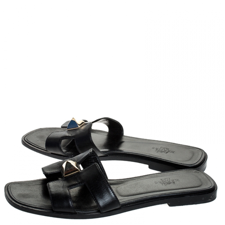 Pre Owned Hermes Black Leather Medor Pyramid Oran Flat Slides Size 36.5
