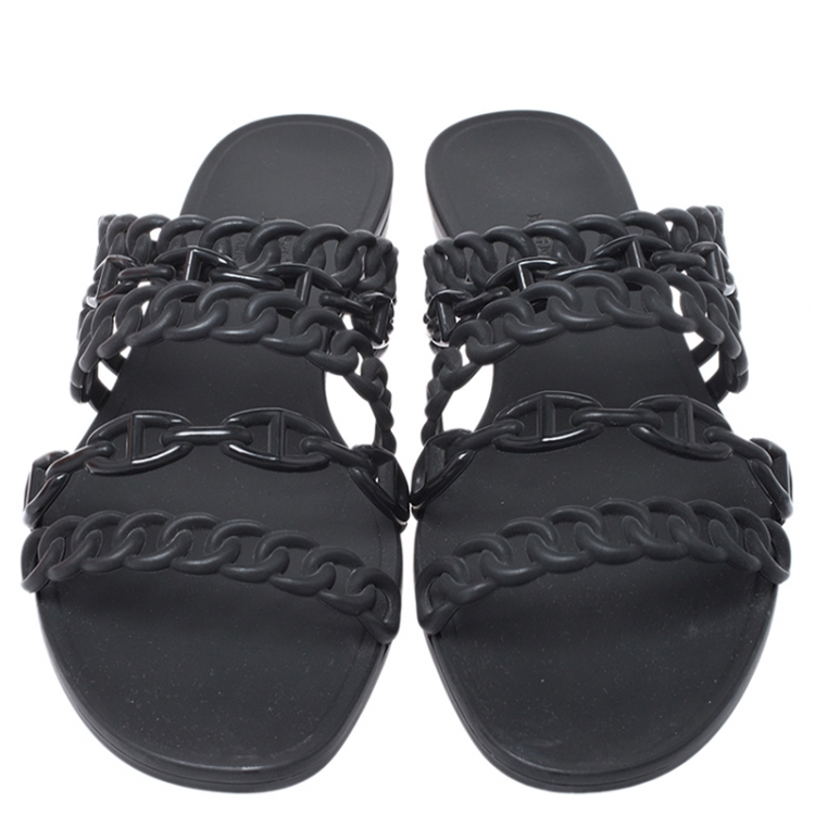 Pre Owned Hermes Black Rubber Chain Stappy Flats Size 40 